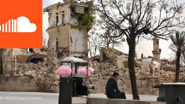 A vendor sells pink candy floss amid the ruins near the Aleppo citadel, Syria, November 2017