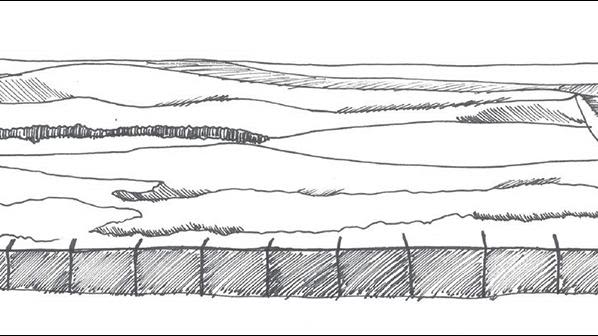 Black & white sketch of a tall fence and fields beyond