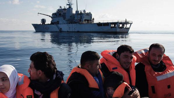 Syrian refugees are rescued in the Mediterranean Sea by crew of the Italian ship, Grecale